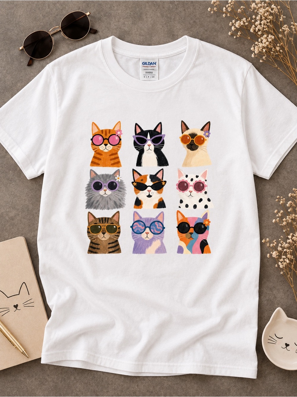 Cool Cats Sunglasses Shirt 9 Cat Grid Funny Pet Graphic Tee Gildan White